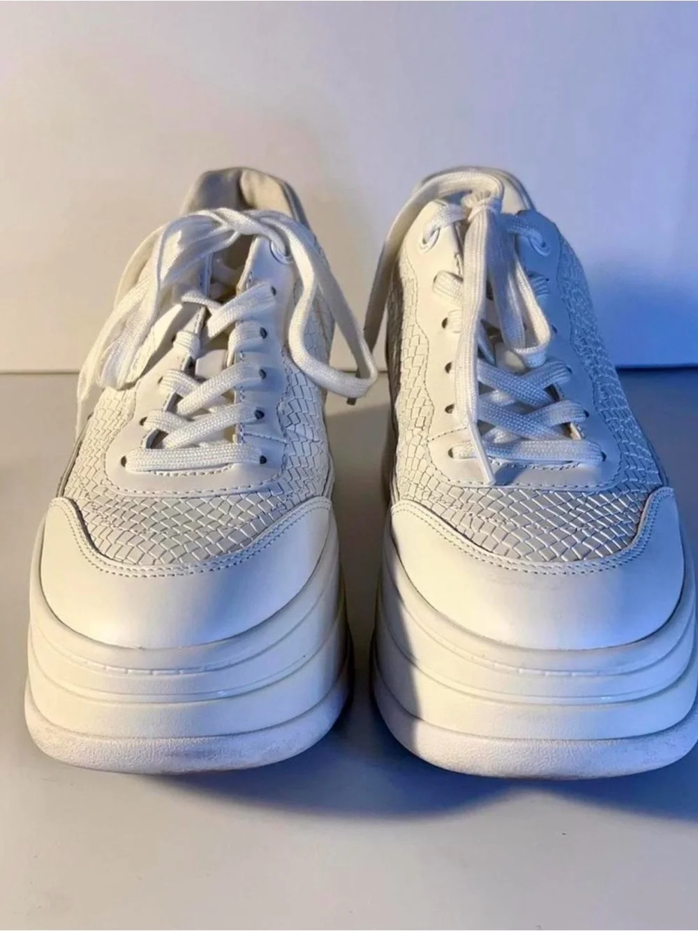 Michael Kors White Platform Lace-Up Sneakers with Woven Detail